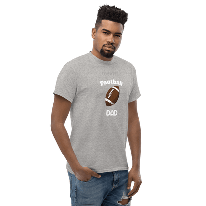 Gray personalized football dad tee featuring a brown football graphic, perfect for game day and proud supporters.