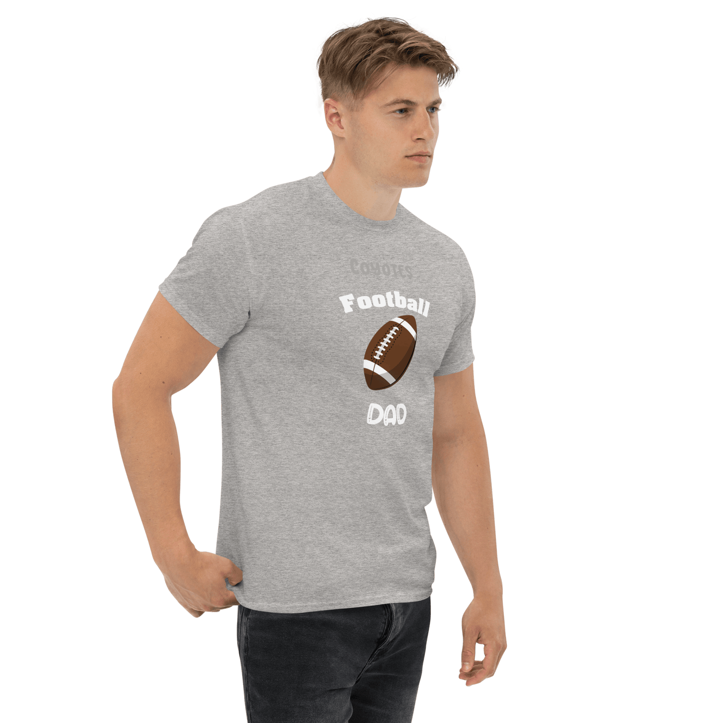 Proud dad wearing a personalized gray football tee, perfect for game day or casual outings.