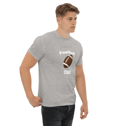 Proud dad wearing a personalized gray football tee, perfect for game day or casual outings.