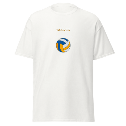 Custom white volleyball tee with 'Wolves' text and volleyball graphic for parents and fans.