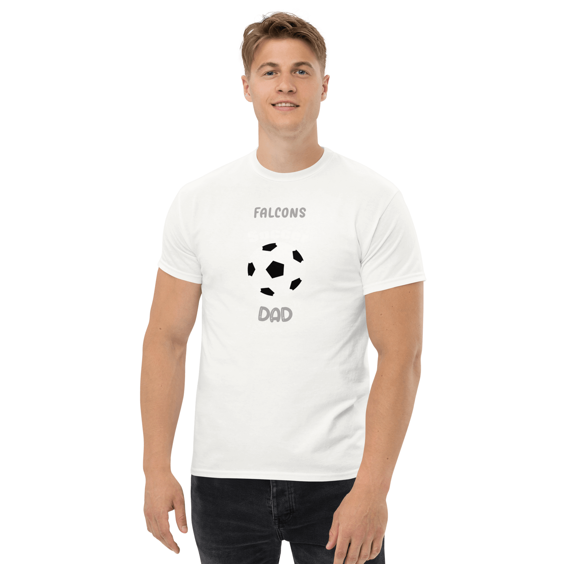 White soccer dad tee with 'FALCONS' and soccer ball graphic for youth sports fans.