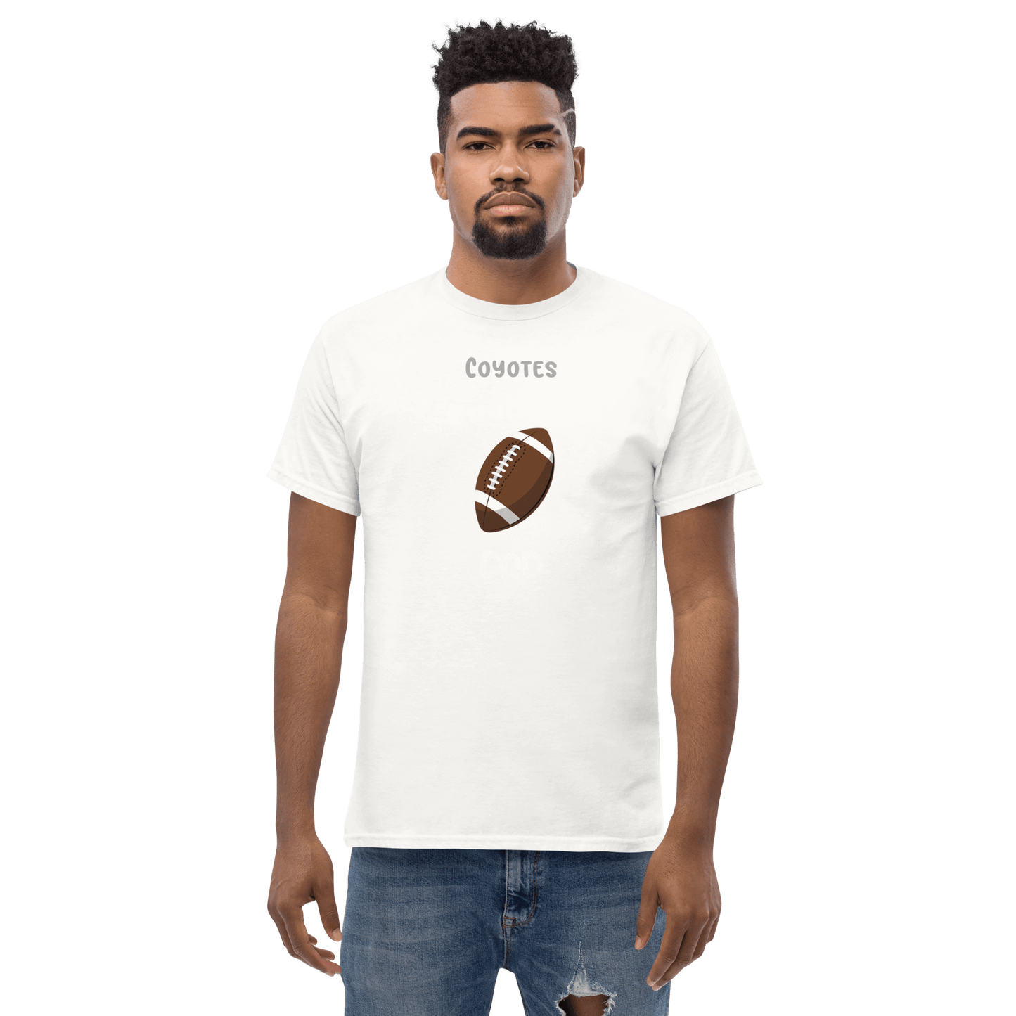 Custom white tee with 'Coyotes' and a football graphic, perfect for football fans and parents.