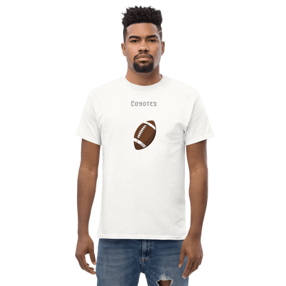 Custom white tee with 'Coyotes' and a football graphic, perfect for football fans and parents.