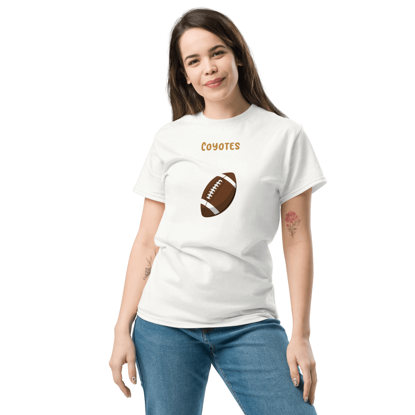 Woman wearing a personalized Coyote football supporter tee with a graphic football design.