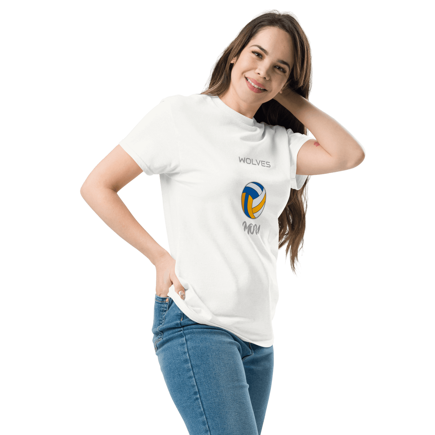 Woman modeling a white 'Wolves' custom volleyball parent tee with graphic design.