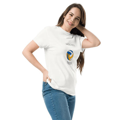 Woman modeling a white 'Wolves' custom volleyball parent tee with graphic design.