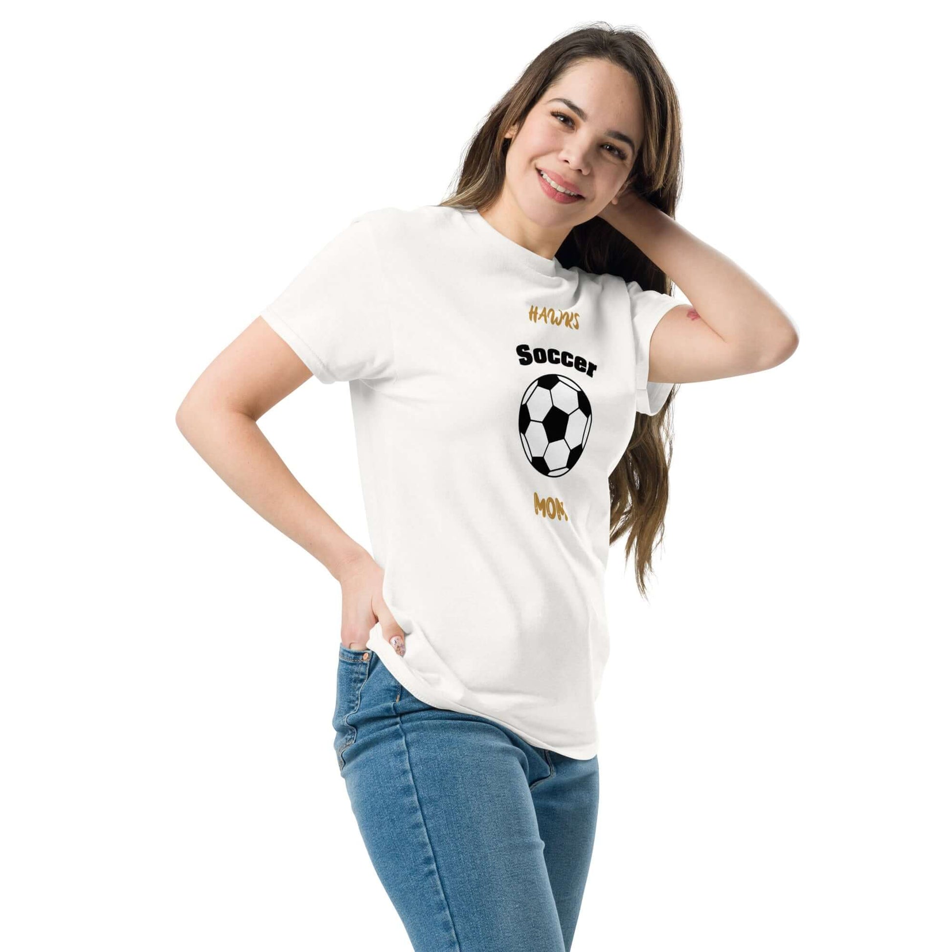 Soccer Parent Tee featuring a woman wearing a white shirt with soccer graphics, ideal for youth soccer supporters.