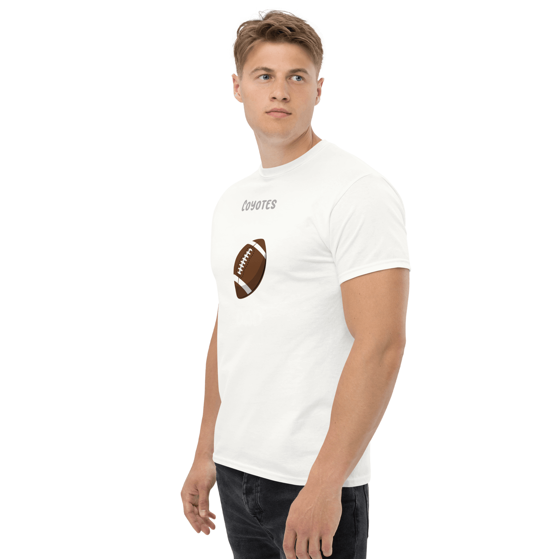 Personalized football supporter tee featuring a brown football design, perfect for fans and parents.