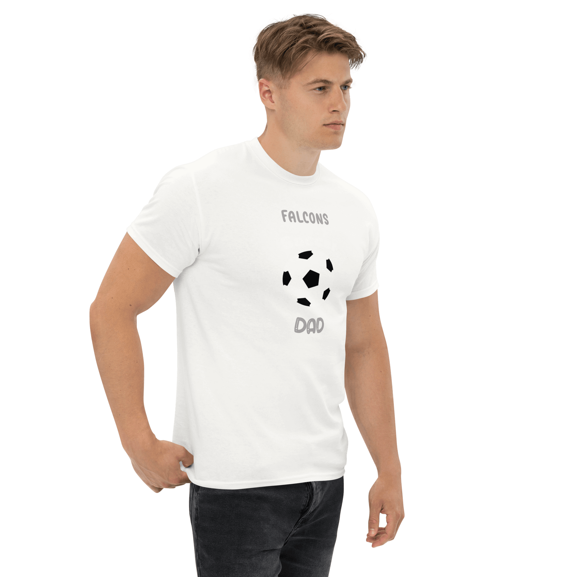 Falcons Dad soccer supporter tee worn by a man, showcasing a sporty design with a soccer ball graphic.