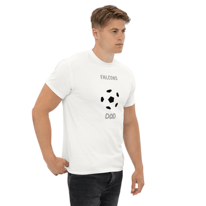 Falcons Dad soccer supporter tee worn by a man, showcasing a sporty design with a soccer ball graphic.