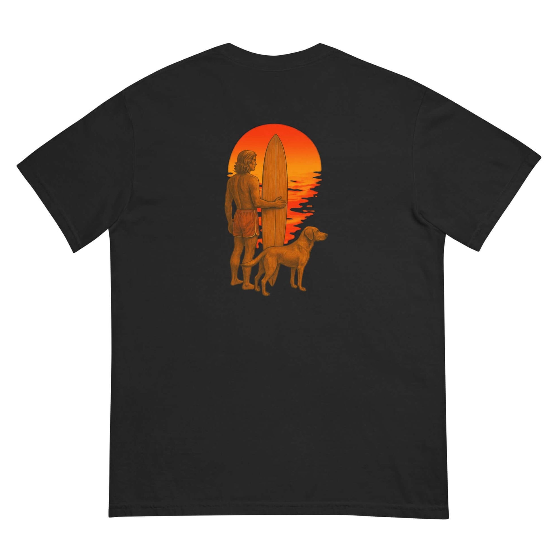 Heavyweight tee featuring a surfer and dog silhouette against a sunset beach background.