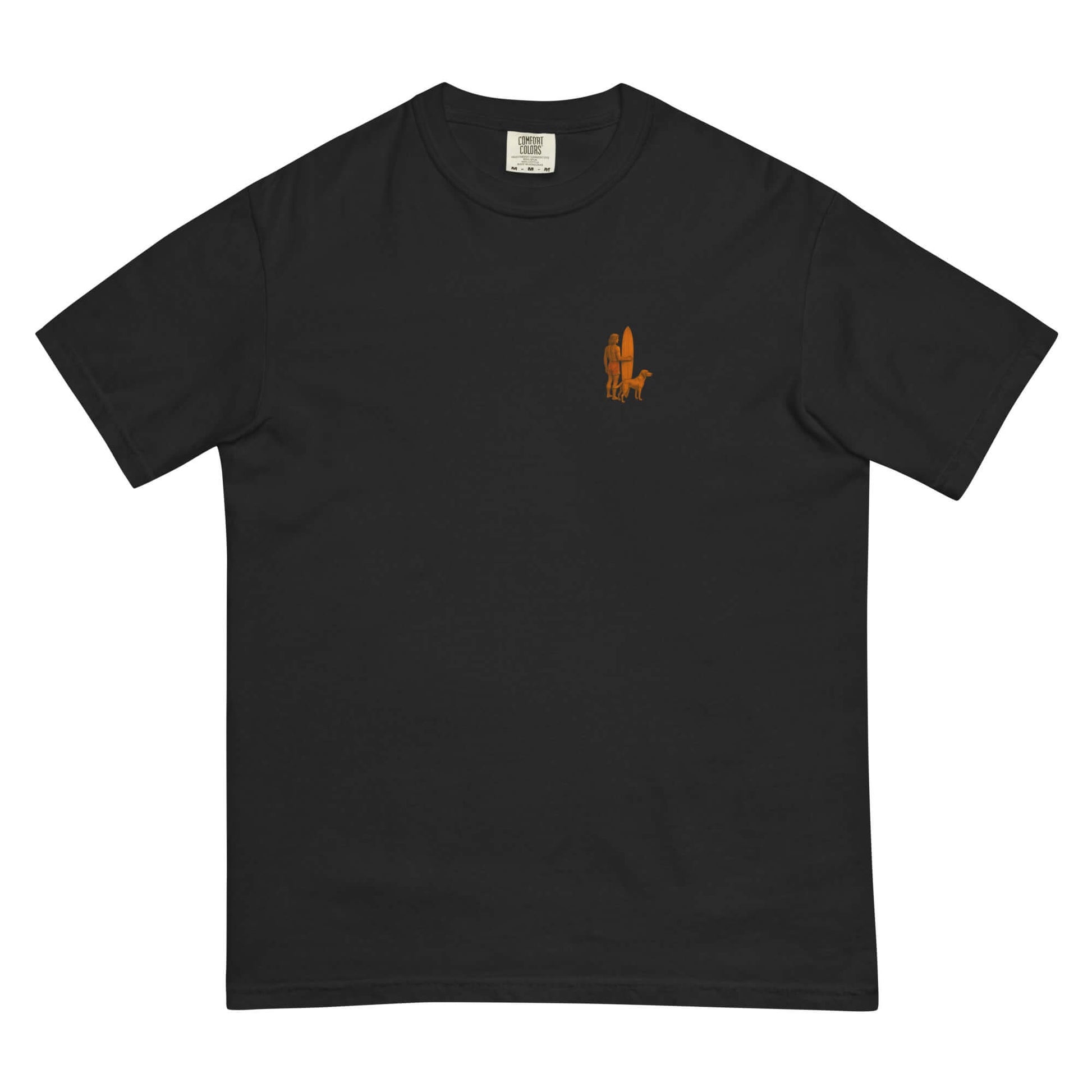 Surf Sunset Heavyweight Tee featuring minimalist surfer-and-dog silhouette on a black background.