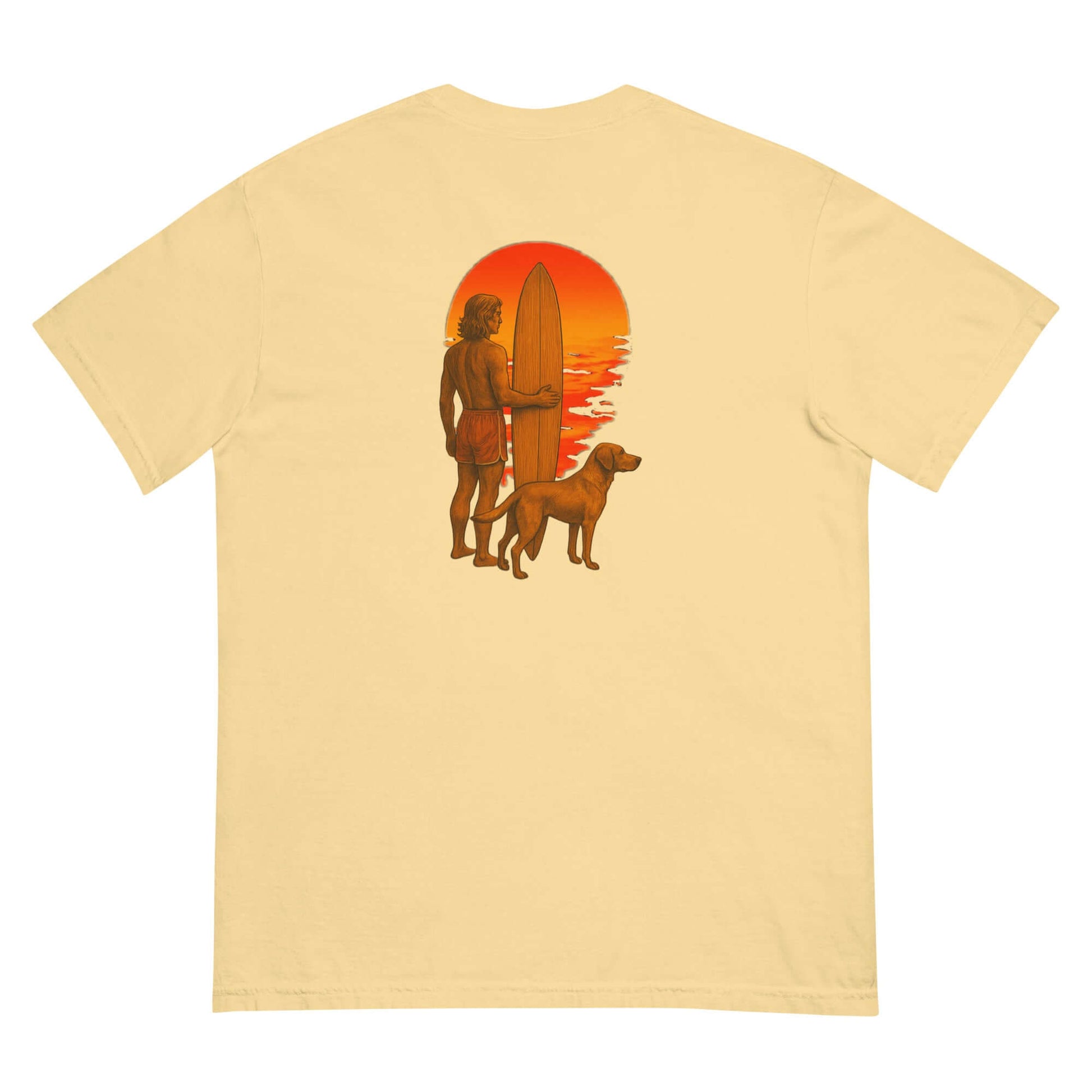 Back view of Surf Sunset Heavyweight Tee featuring a surfer and dog silhouette against a sunset backdrop.