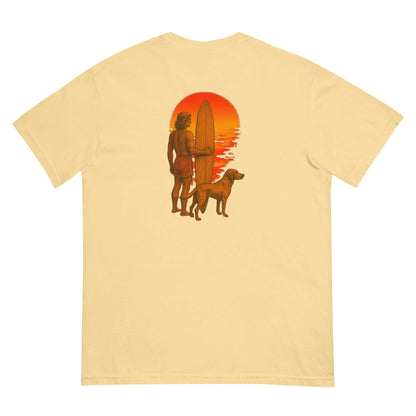 Back view of Surf Sunset Heavyweight Tee featuring a surfer and dog silhouette against a sunset backdrop.