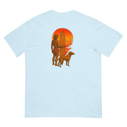 Surf Sunset Heavyweight Tee featuring a surfer and dog silhouette against a vibrant sunset backdrop.