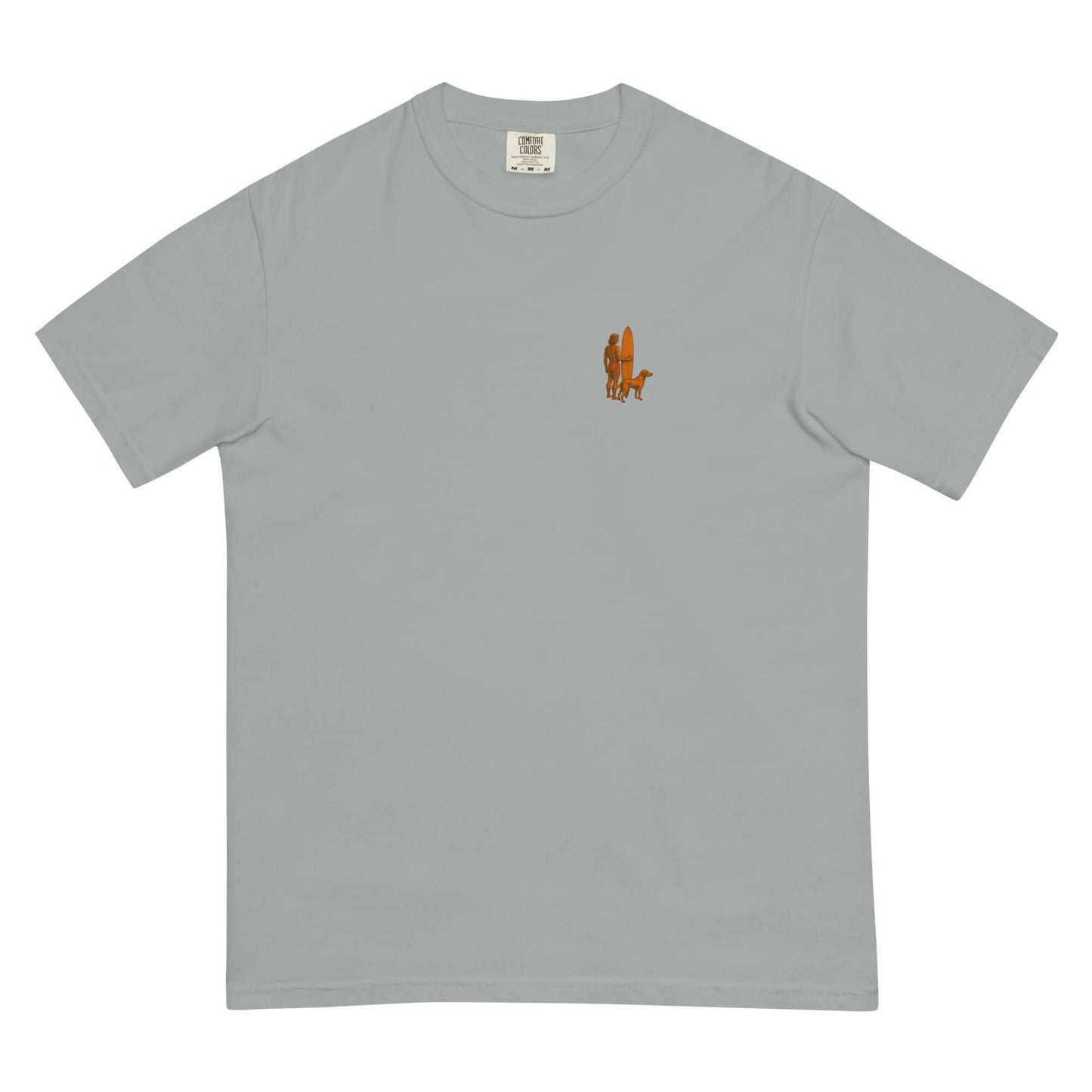 Surf Sunset Heavyweight Tee with minimalist surfer-and-dog silhouette design on a light gray fabric.