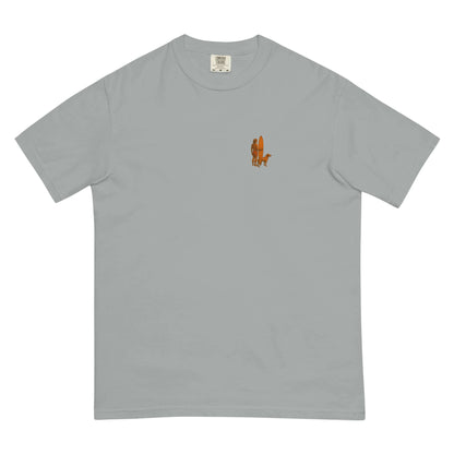 Surf Sunset Heavyweight Tee with minimalist surfer-and-dog silhouette design on a light gray fabric.