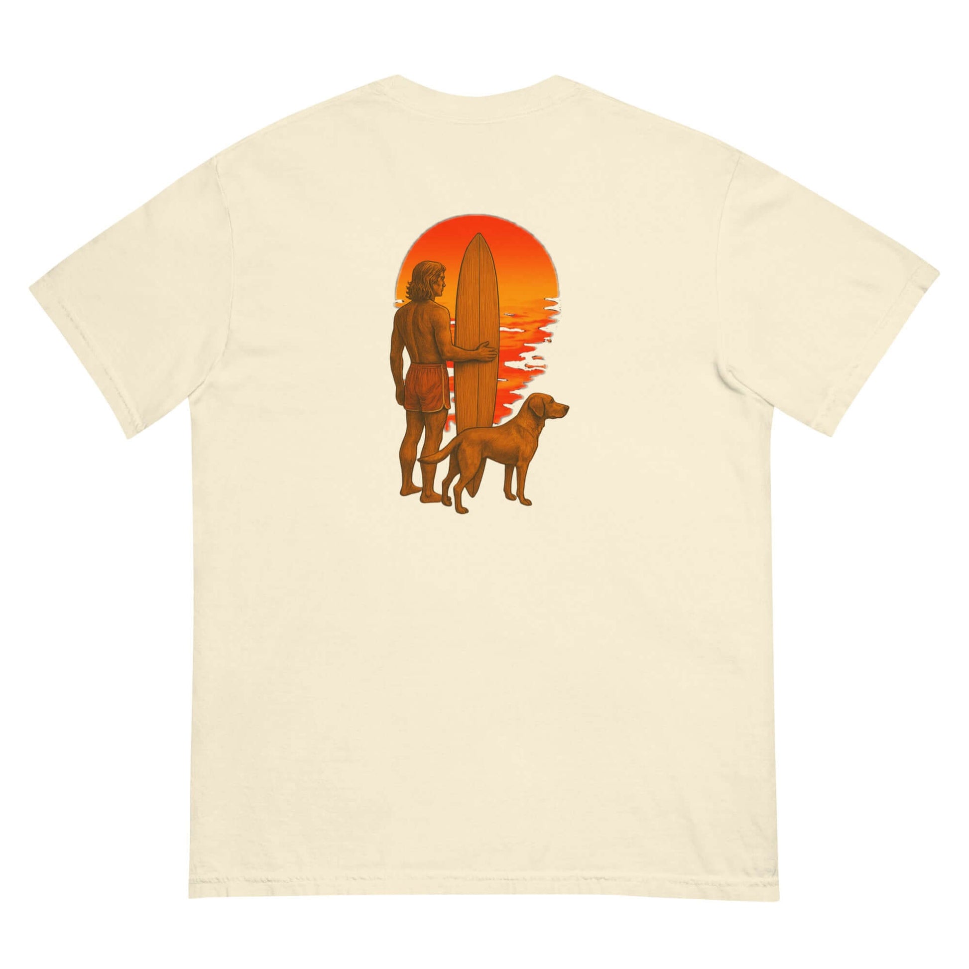 Surf Sunset Heavyweight Tee featuring a surfer and dog silhouette against a vibrant sunset design.