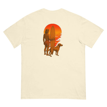Surf Sunset Heavyweight Tee featuring a surfer and dog silhouette against a vibrant sunset design.