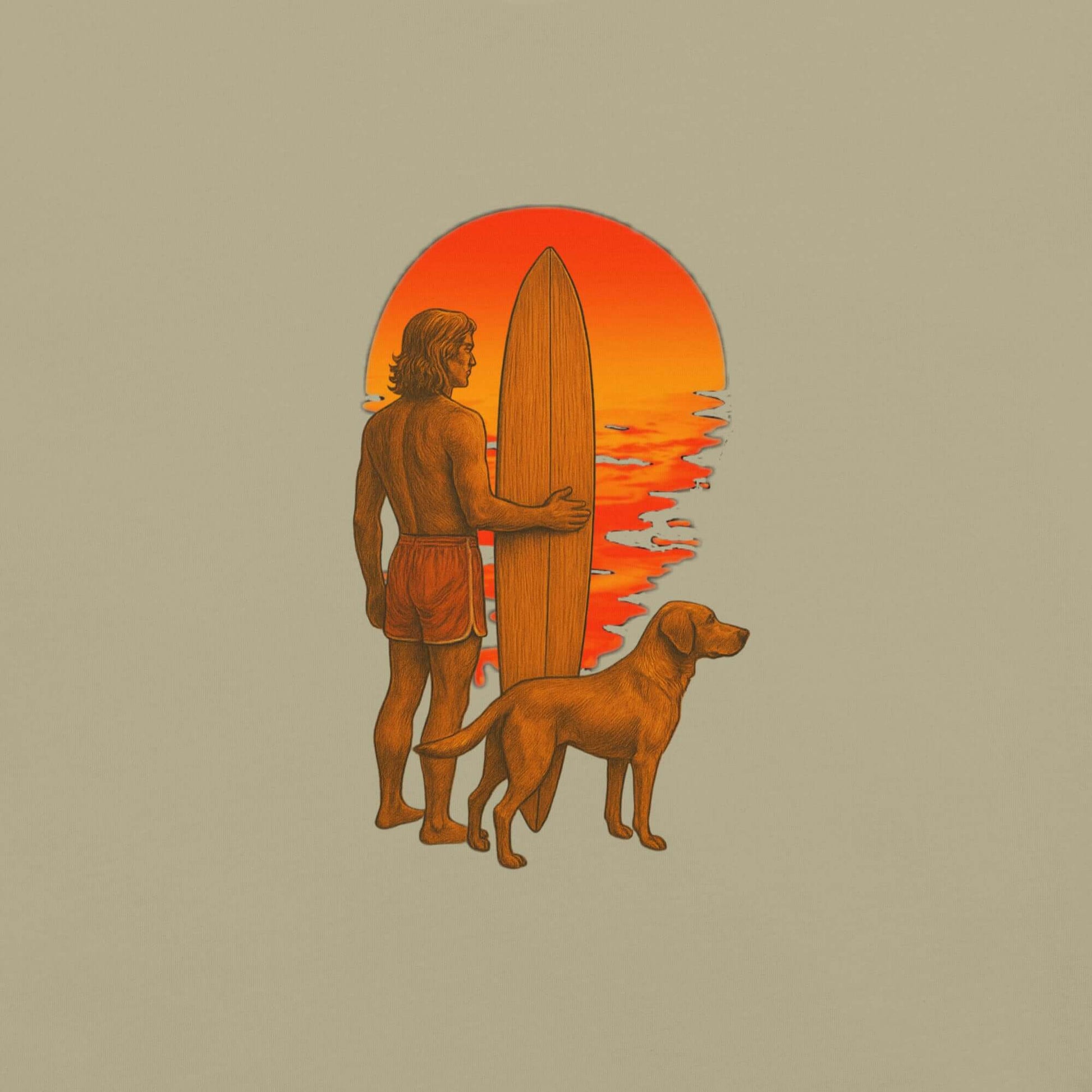 Surfer with dog silhouetted against a vibrant sunset, representing beach adventure and timeless style.