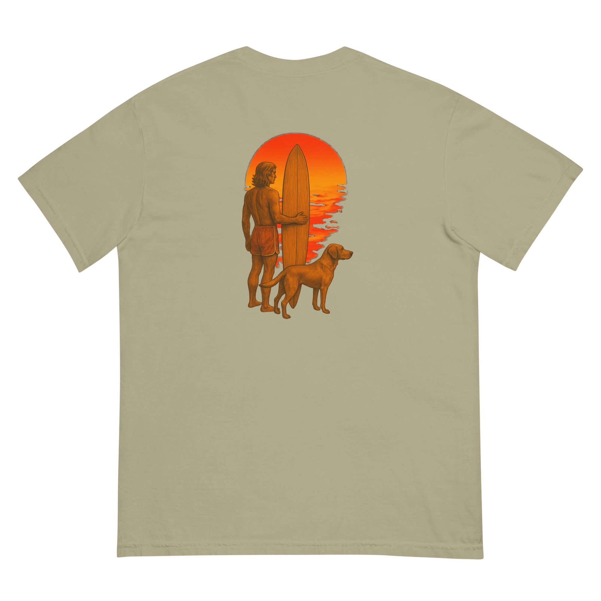 Back view of Surf Sunset Heavyweight Tee featuring a surfer and dog silhouette against a vibrant sunset.