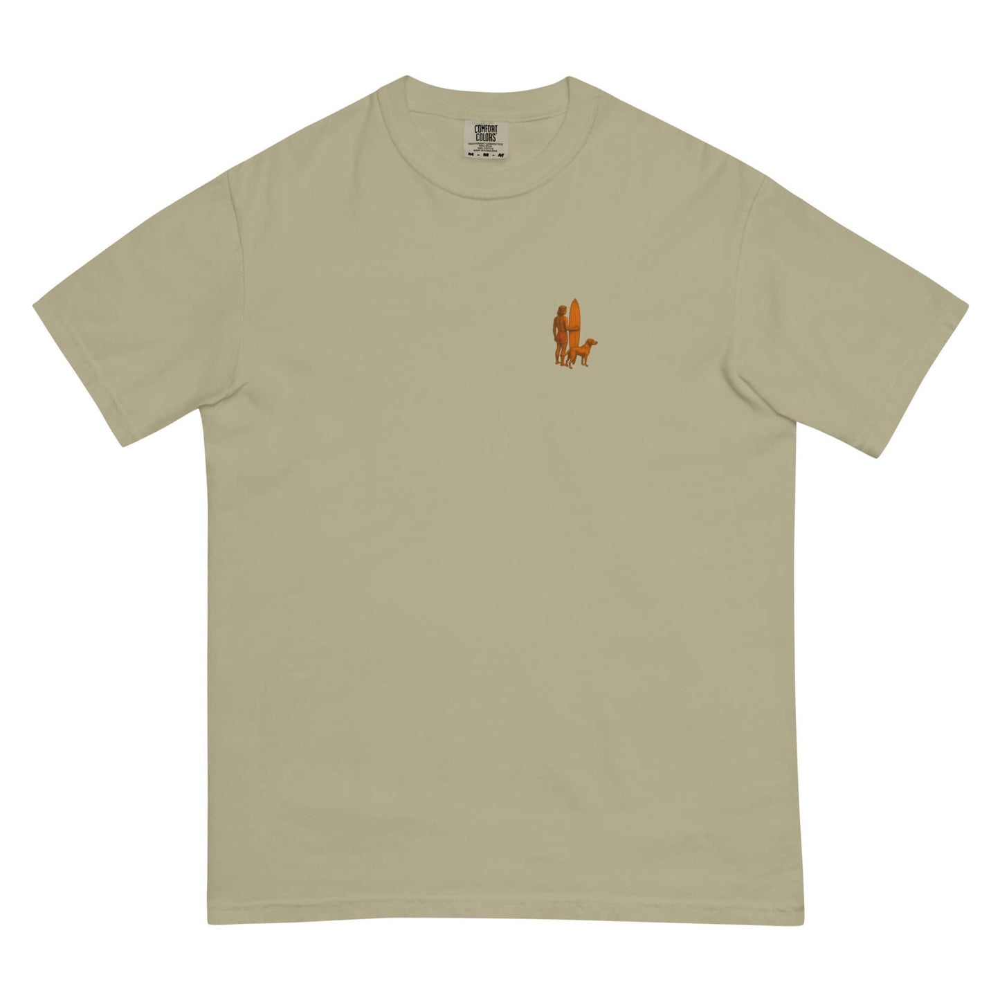 Surf Sunset Heavyweight Tee featuring minimalist surfer and dog silhouette design in orange on beige fabric.