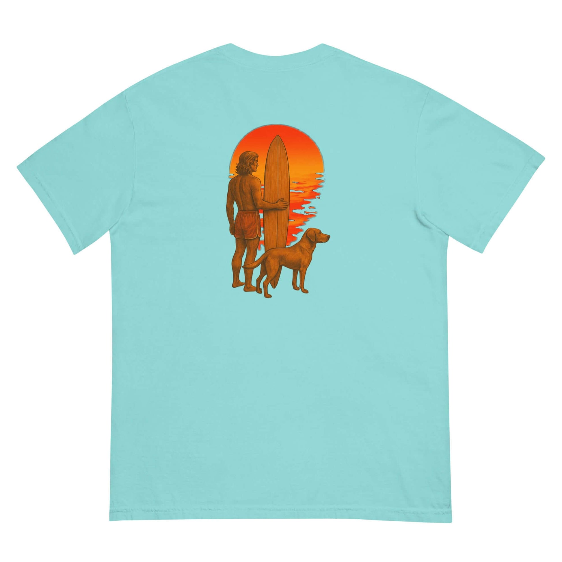 Back view of Surf Sunset Heavyweight Tee featuring a surfer and a dog against a sunset ocean backdrop.