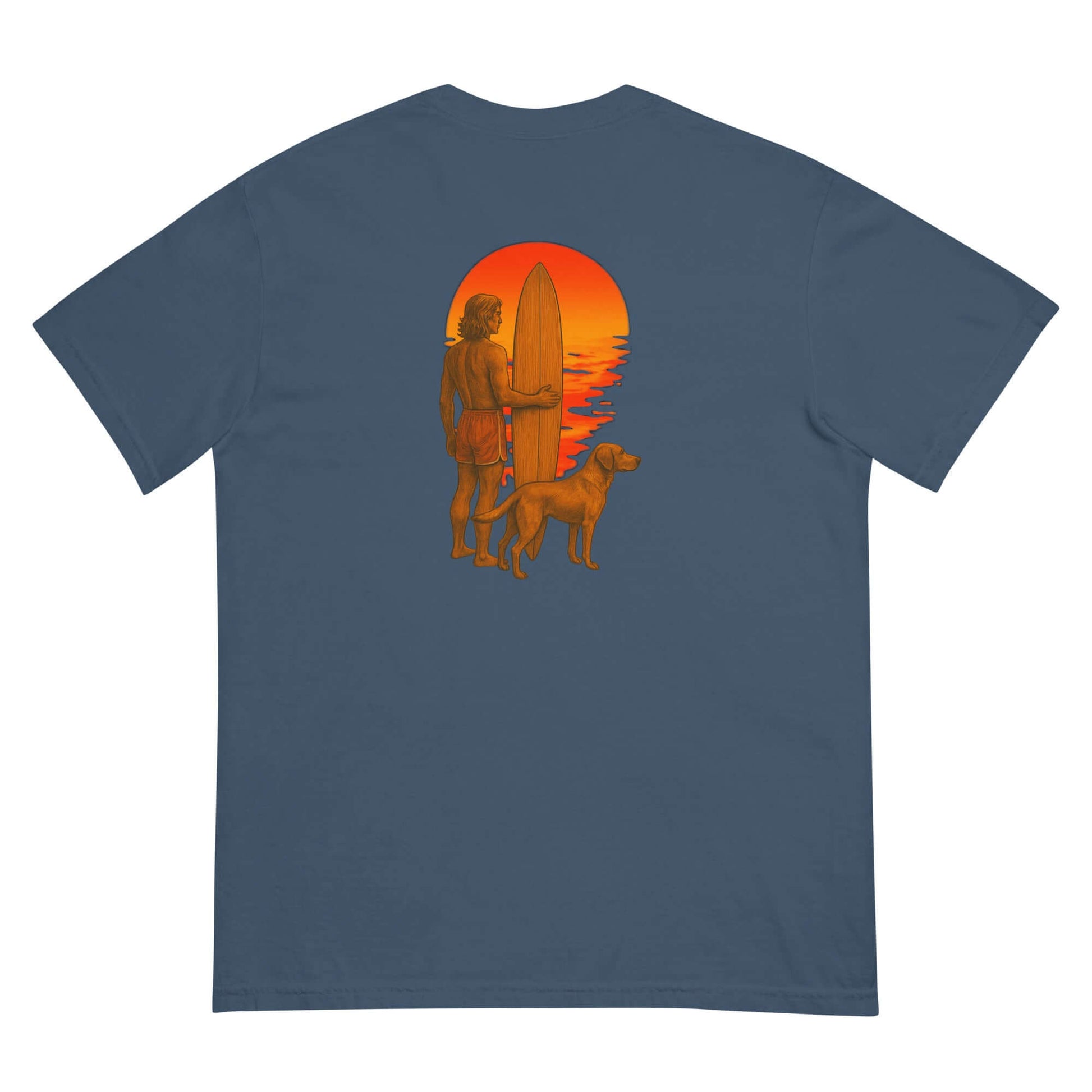 Heavyweight tee featuring a silhouette of a surfer with a dog against a vibrant sunset backdrop.