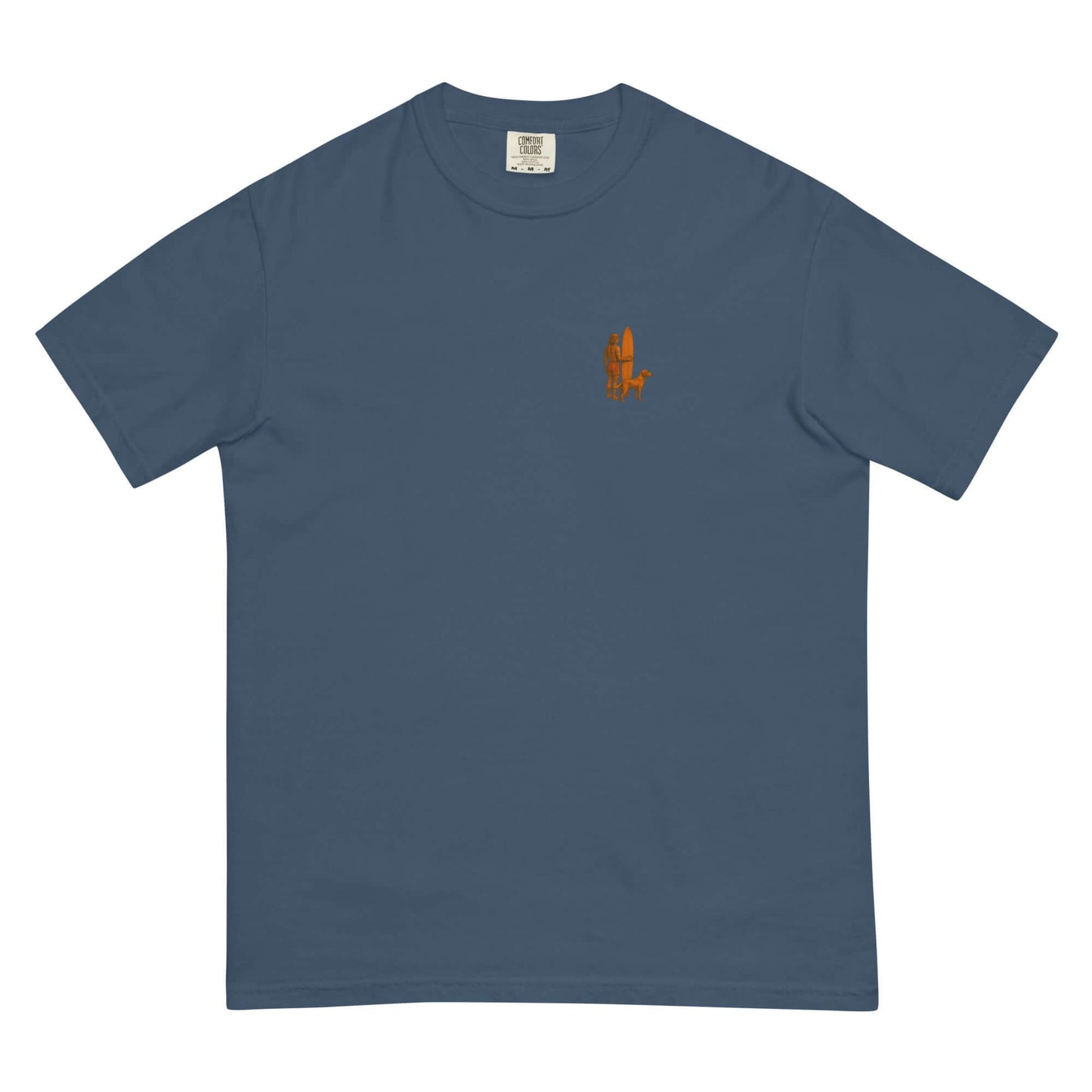 Surf Sunset heavyweight tee featuring minimalist surfer and dog logo in orange on a blue background.