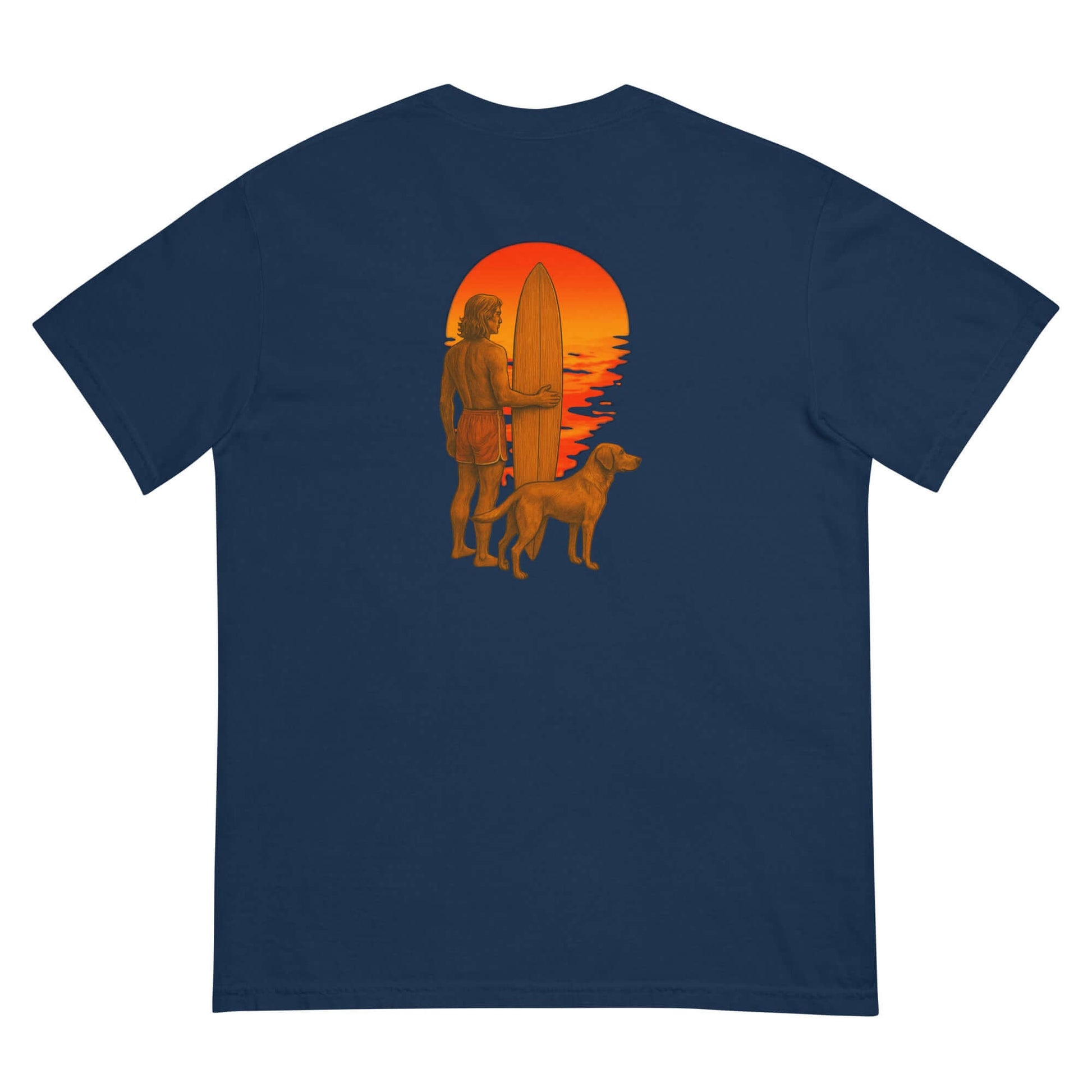 Surf Sunset Heavyweight Tee featuring a surfer and dog silhouette against a vibrant sunset design.