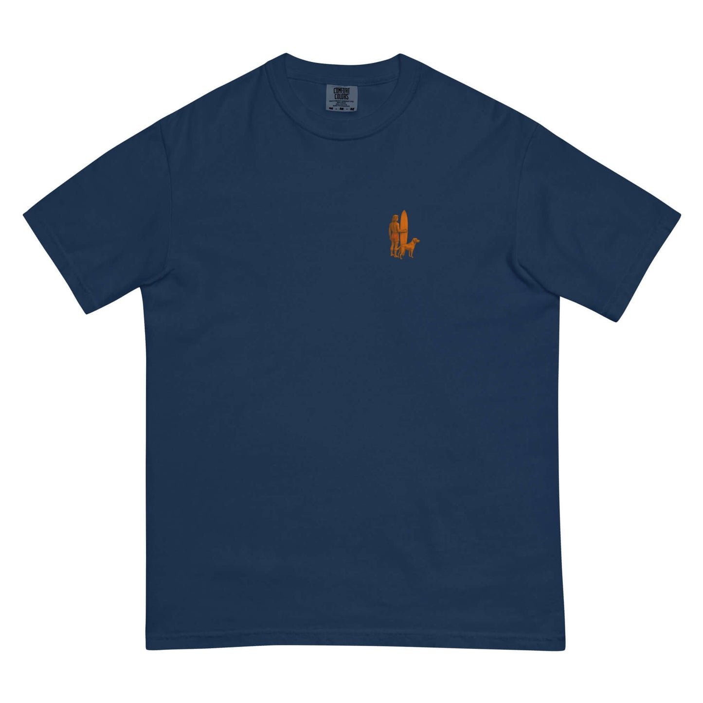 Surf Sunset Heavyweight Tee in navy featuring a minimalist surfer and dog silhouette design on the front.