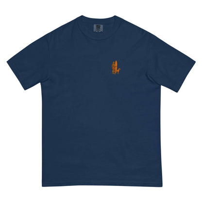 Surf Sunset Heavyweight Tee in navy featuring a minimalist surfer and dog silhouette design on the front.
