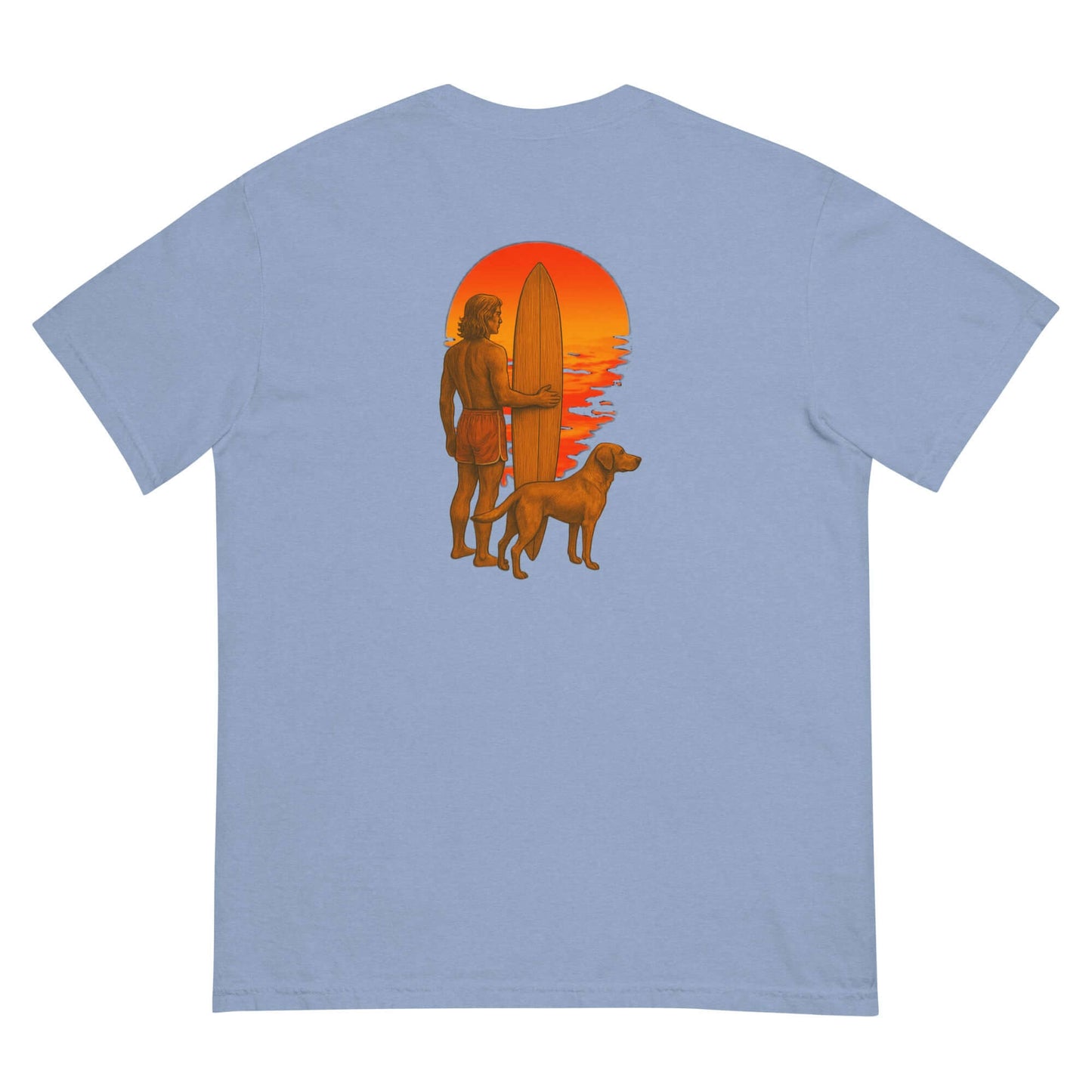 Back view of Surf Sunset Heavyweight Tee featuring a surfer and dog silhouette against a vibrant sunset.