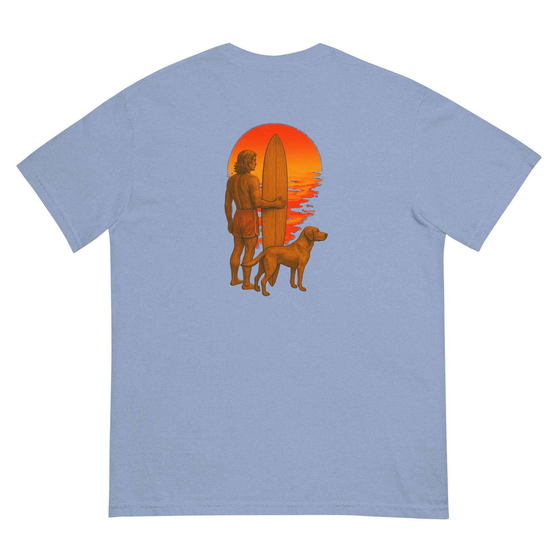 Back view of Surf Sunset Heavyweight Tee featuring a surfer and dog silhouette against a vibrant sunset.