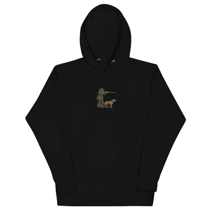 Hunter & Outdoors Enthusiast Hoodie featuring a silhouette of a hunter and dog on a black background.