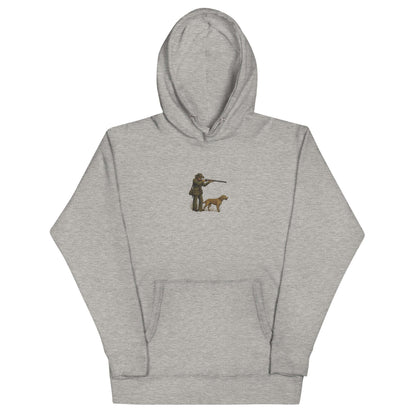 Hunter & outdoors enthusiast hoodie featuring a hunter with a dog graphic, perfect for outdoor adventures.