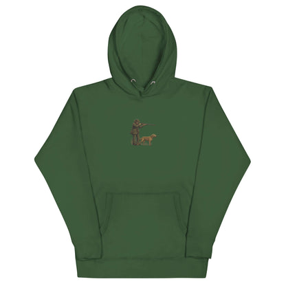 Hunter & Outdoors Enthusiast Hoodie in green with a shooting figure graphic, perfect for nature lovers and outdoor adventures.