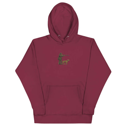 Hunter & Outdoors Enthusiast hoodie in burgundy with hunting design, perfect for outdoor adventures and comfort.