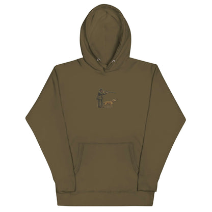 Hunter & Outdoors Enthusiast Hoodie in olive green with hunting graphic, perfect for rugged adventures.