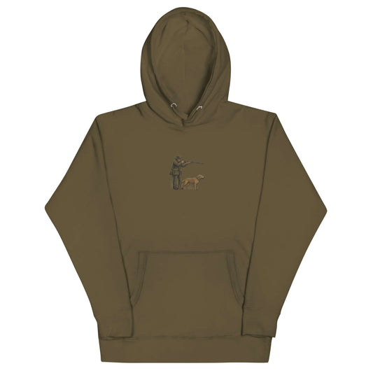 Hunter & Outdoors Enthusiast Hoodie in olive green with hunting graphic, perfect for rugged adventures.
