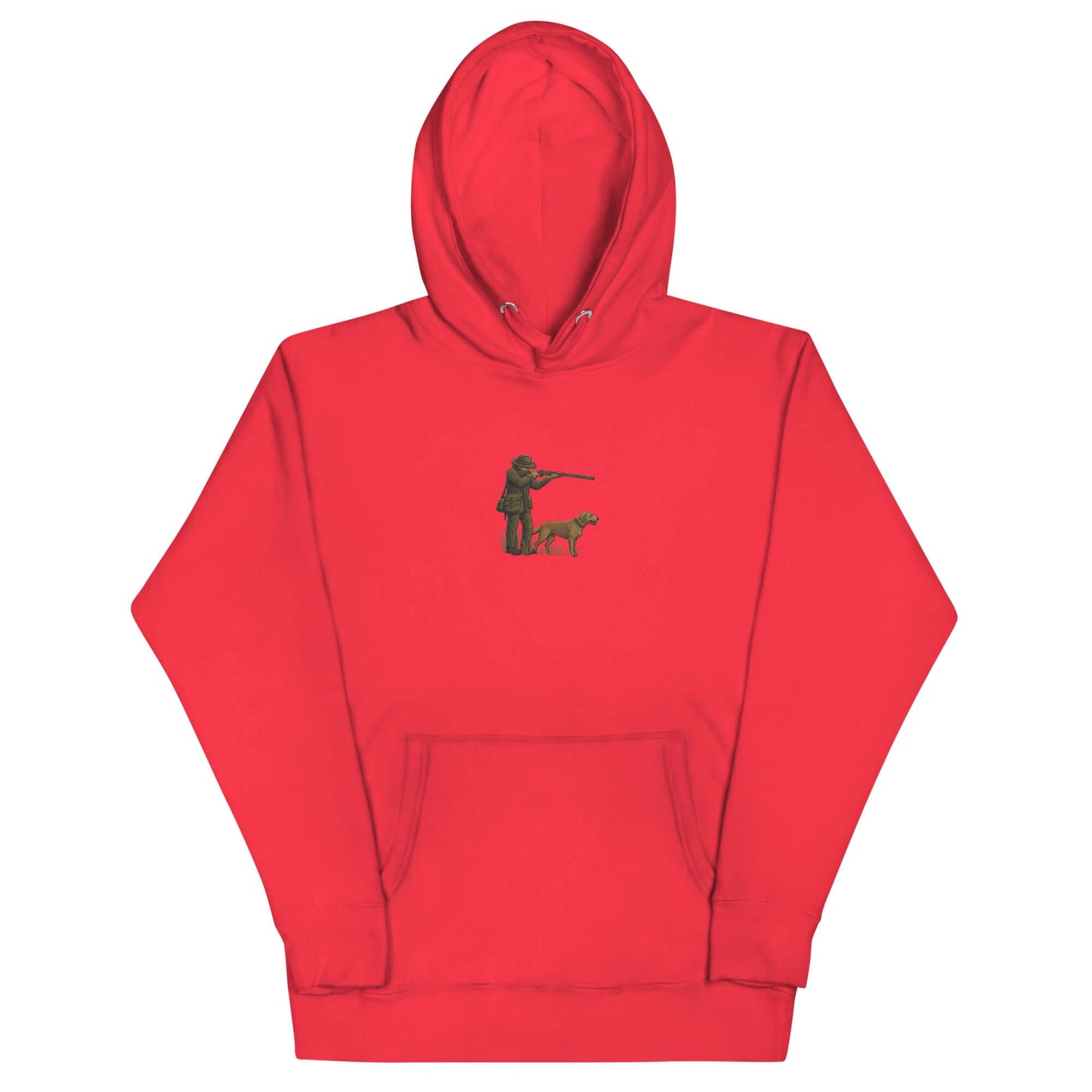 Red hoodie featuring a graphic of a hunter with a dog, perfect for outdoor enthusiasts and adventures.