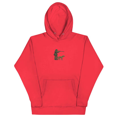 Red hoodie featuring a graphic of a hunter with a dog, perfect for outdoor enthusiasts and adventures.