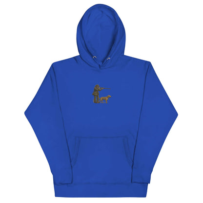 Hunter & Outdoors Enthusiast Hoodie in blue, featuring a hunter with a dog graphic, ideal for outdoor adventures.