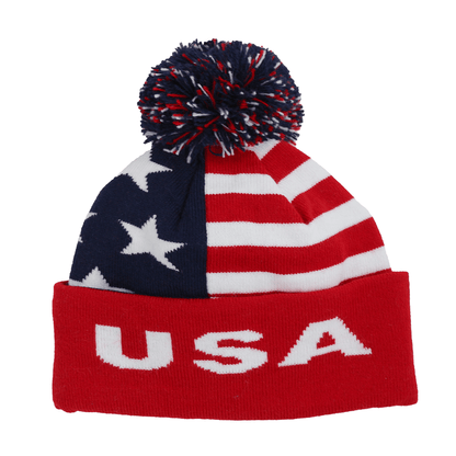 Toddler Specialty Hat – Animal-Inspired Warmth with Purpose featuring USA flags and a pom-pom top.