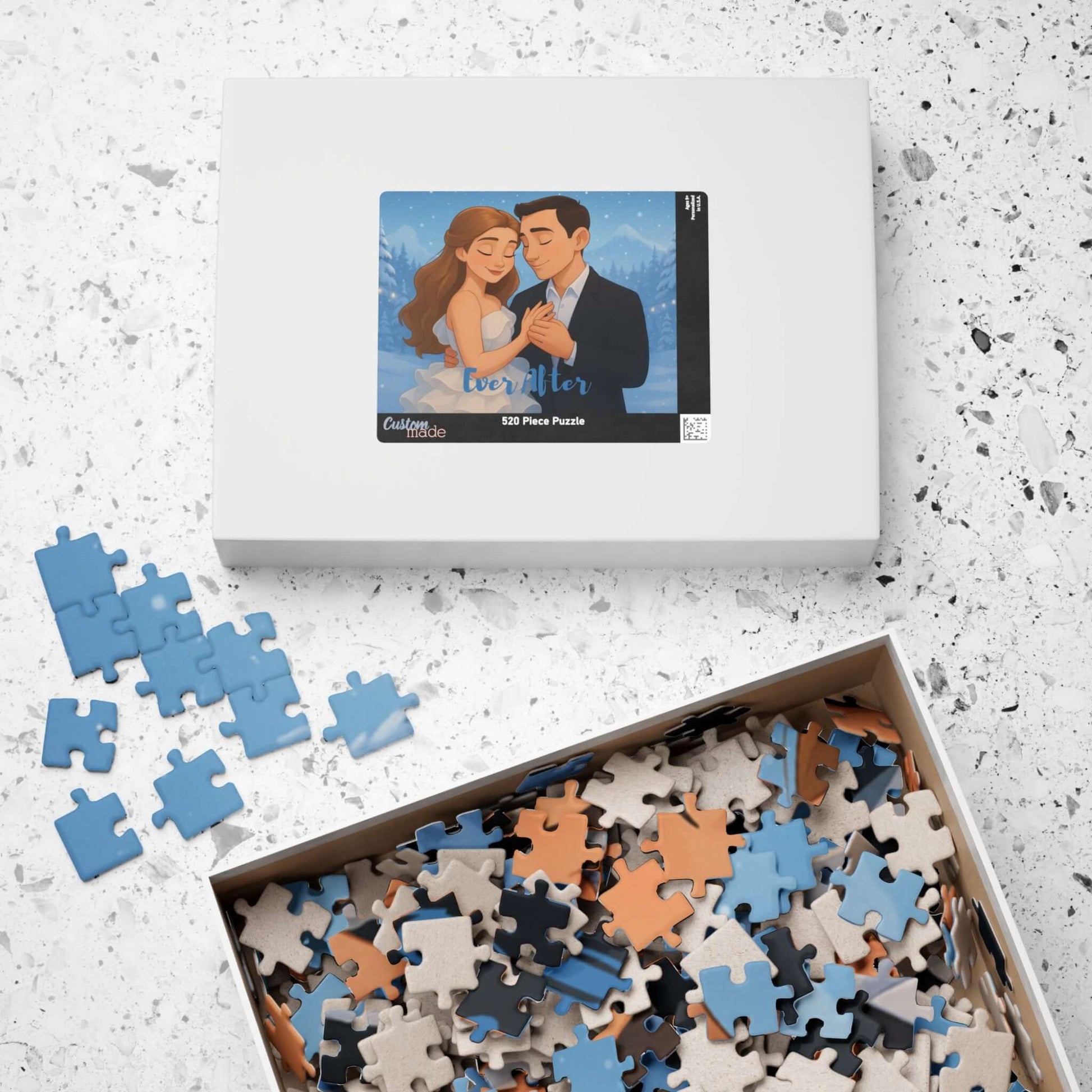 Winter Cartoon Puzzle – Personalized Disney-Style Keepsake featuring a cozy couple in a snowy scene with puzzle pieces.
