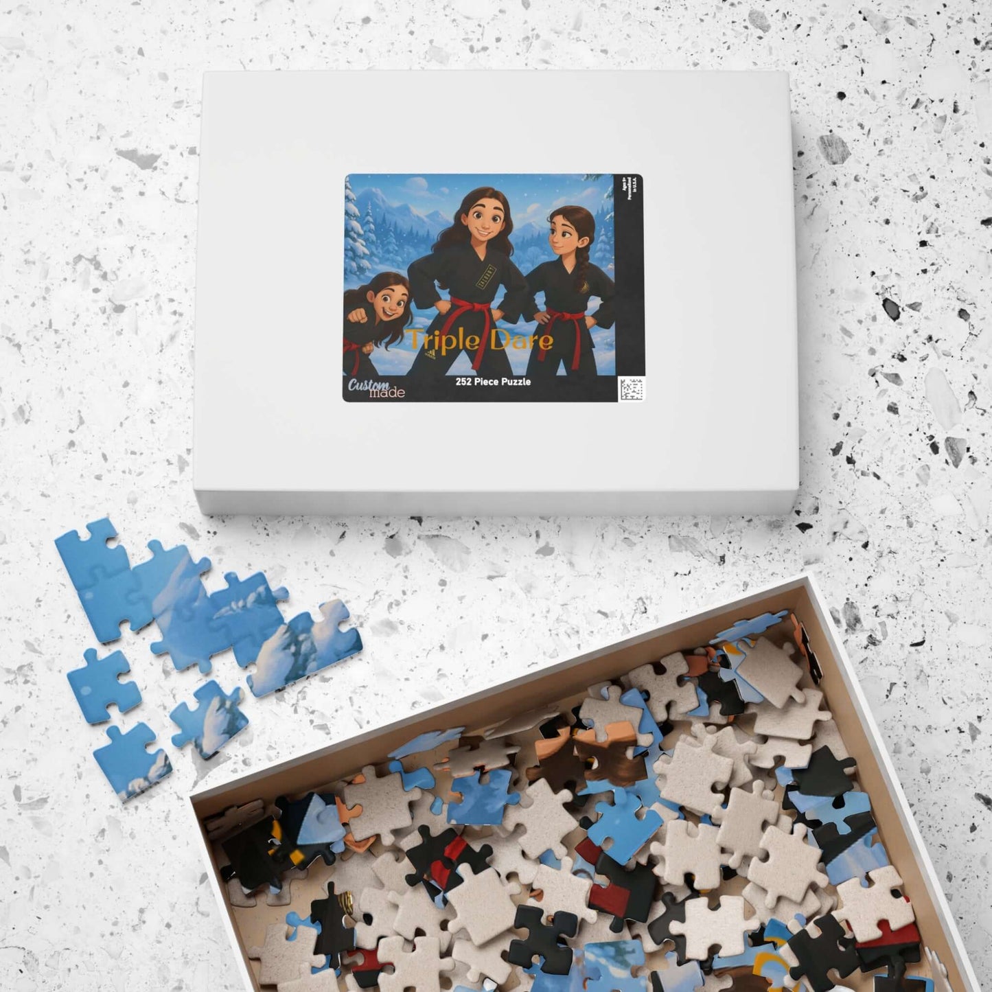 Winter Cartoon Puzzle – Personalized Disney-Style Keepsake in a box with scattered puzzle pieces.