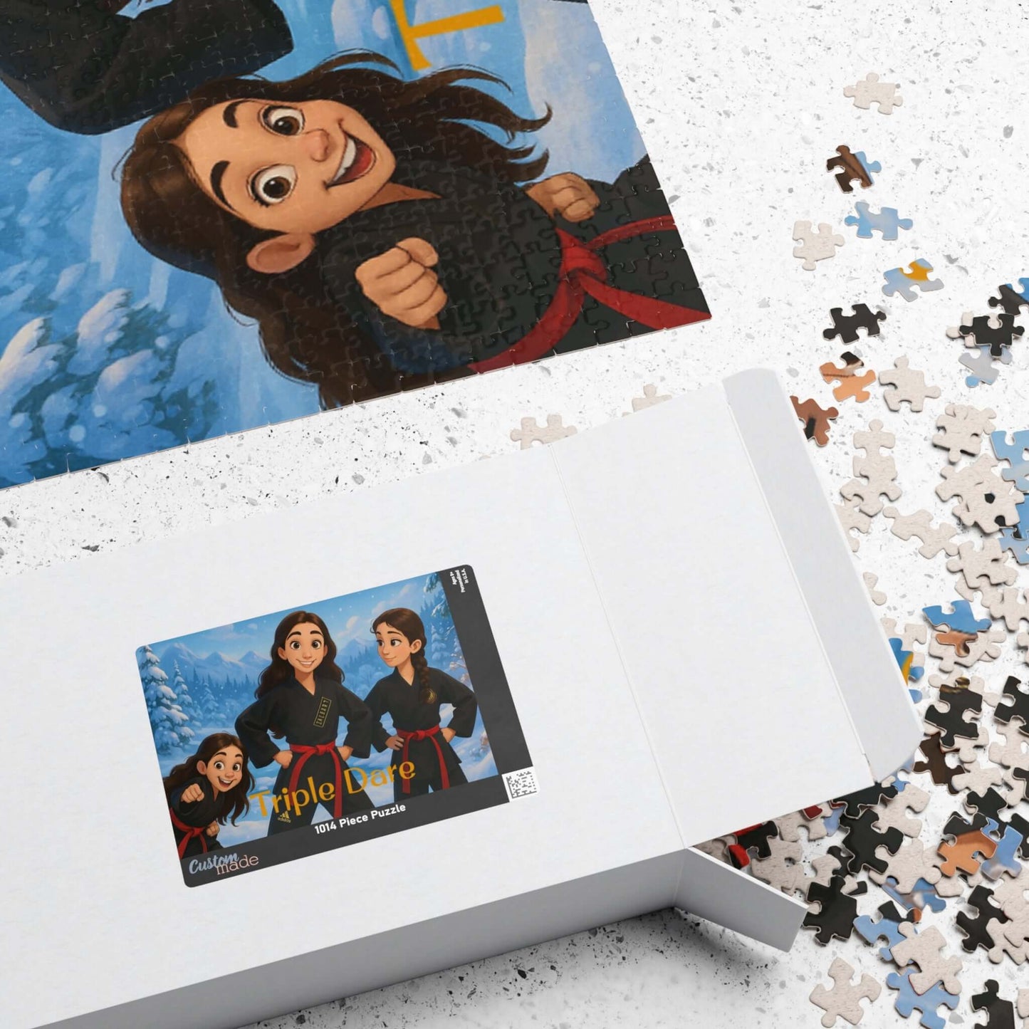 Winter Cartoon Puzzle – Personalized Disney-Style Keepsake displayed with colorful puzzle pieces.
