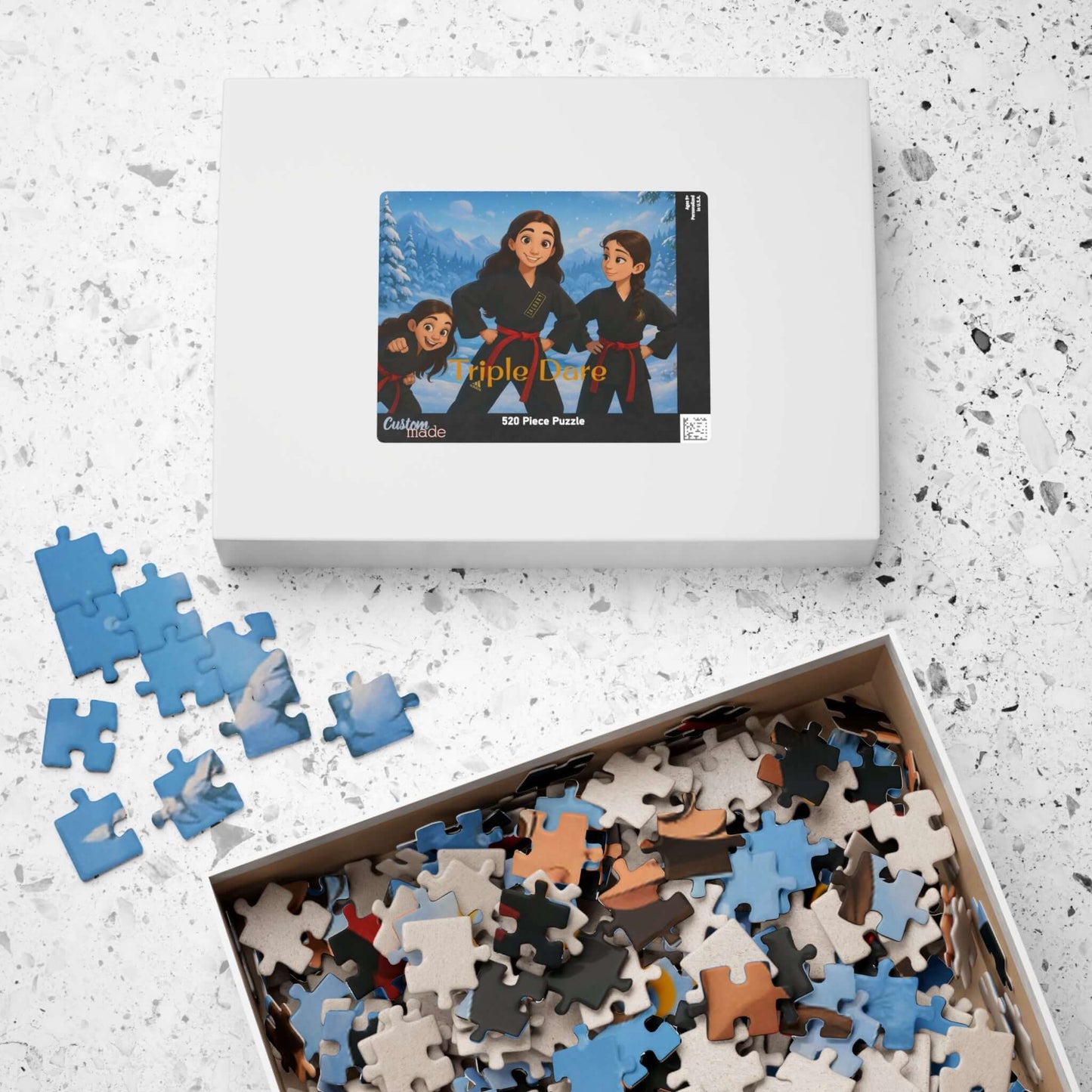 Winter Cartoon Puzzle – Personalized Disney-Style Keepsake in a puzzle box with pieces scattered.