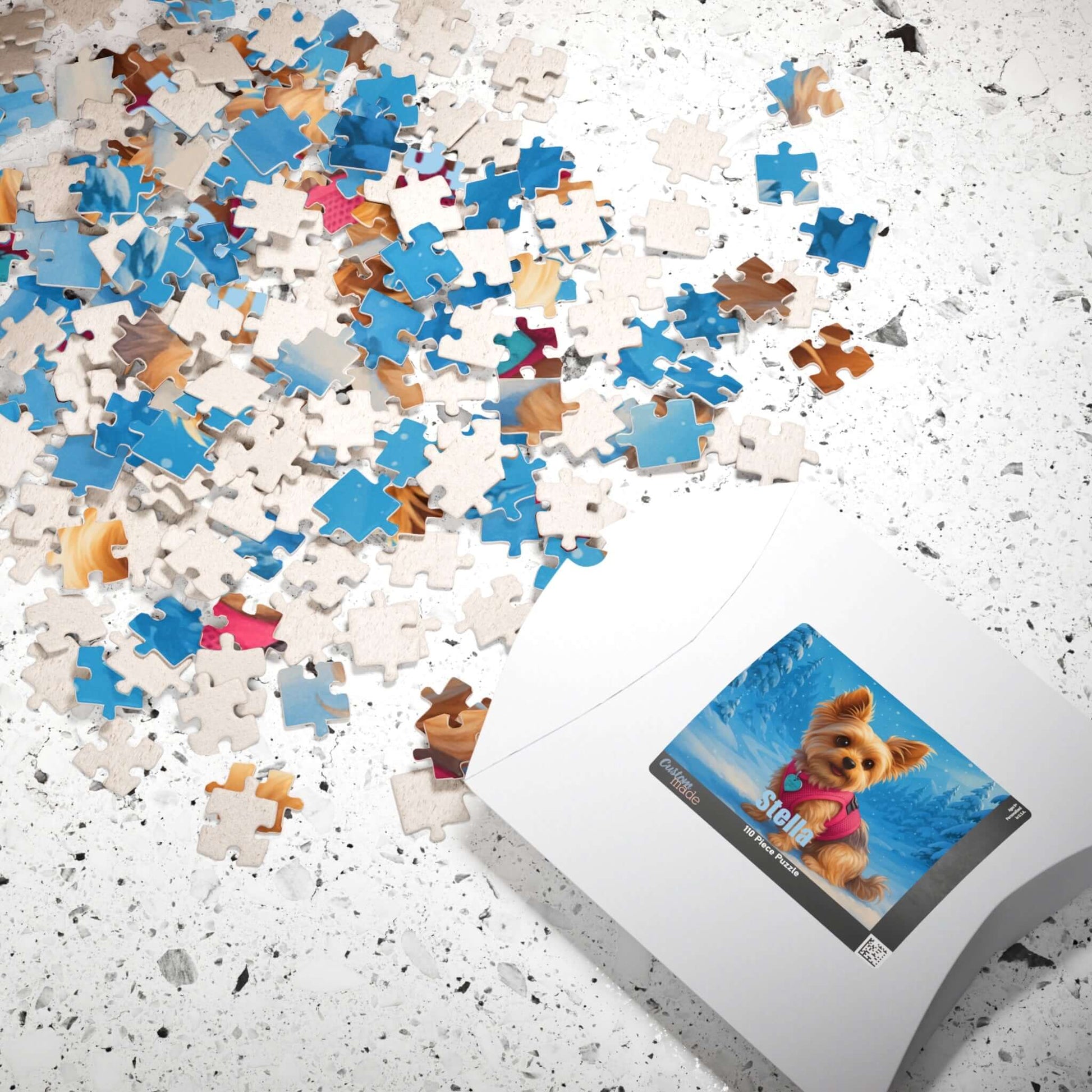 Winter Cartoon Puzzle – Personalized Disney-Style Keepsake pieces scattered beside box featuring joyful cartoon character.