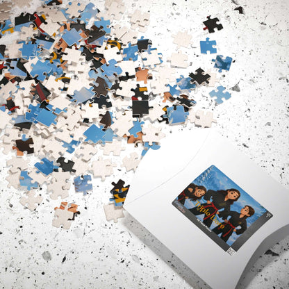 Winter Cartoon Puzzle – Personalized Disney-Style Keepsake pieces scattered with the printed puzzle box on a textured surface.